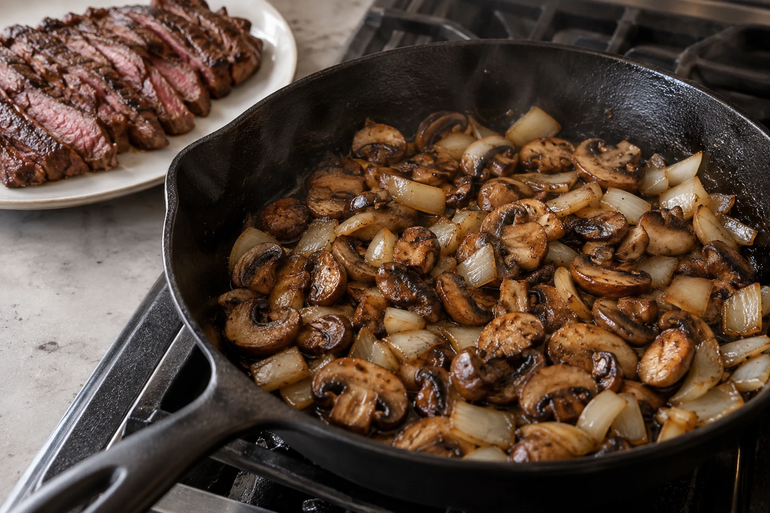 Mushrooms and onion brown in the cast-iron skillet while seared steak rests on a plate beside it.