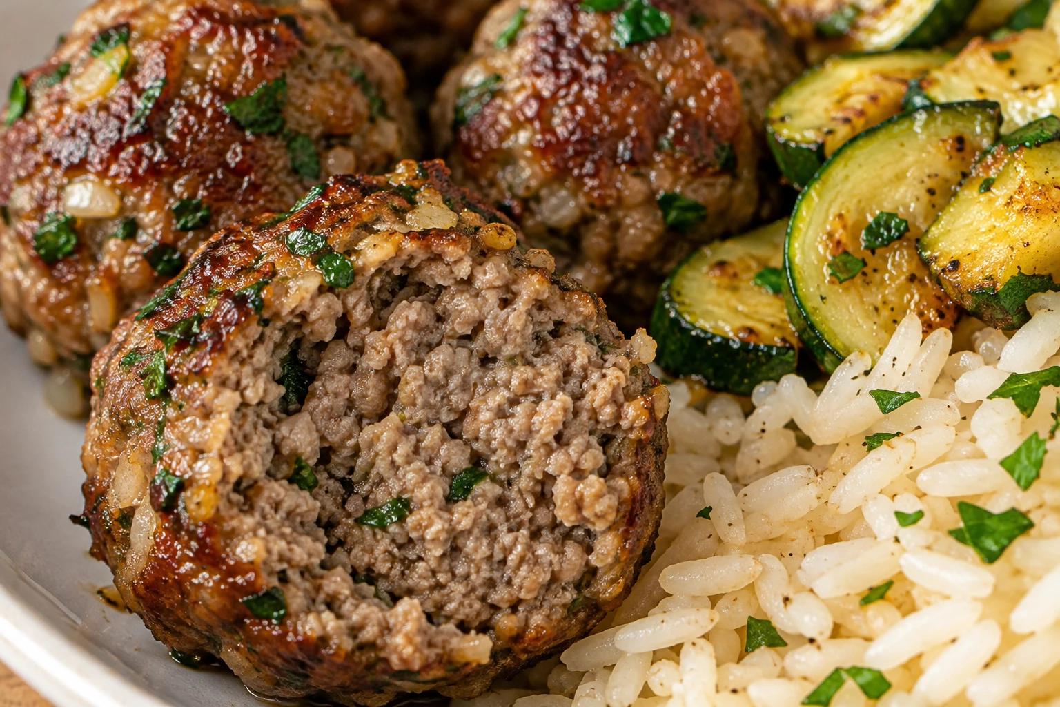 A cut meatball shows a tender interior beside browned zucchini and distinct grains of rice.