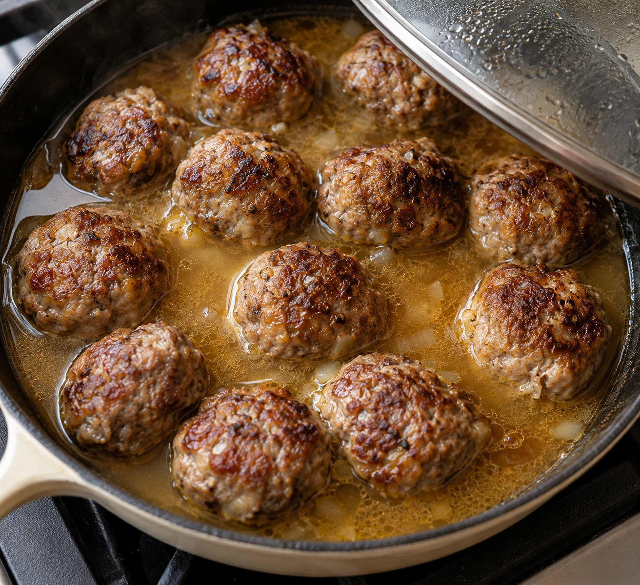 Browned beef meatballs finish gently in a skillet with a shallow pool of broth.