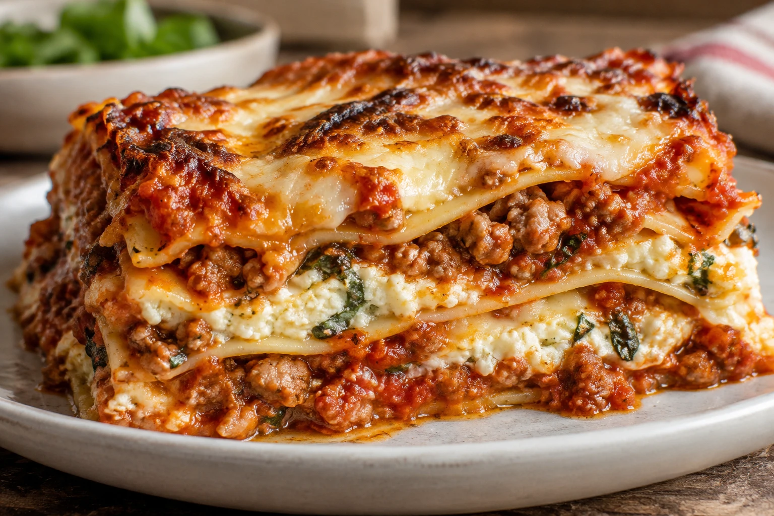 A rested lasagna slice reveals distinct layers of noodles, pork, tomato sauce, garlic ricotta, and melted cheese.