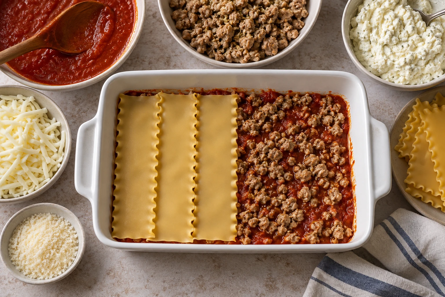 An unbaked lasagna shows layers of noodles, pork, marinara, garlic ricotta, mozzarella, and Parmesan in a baking dish.