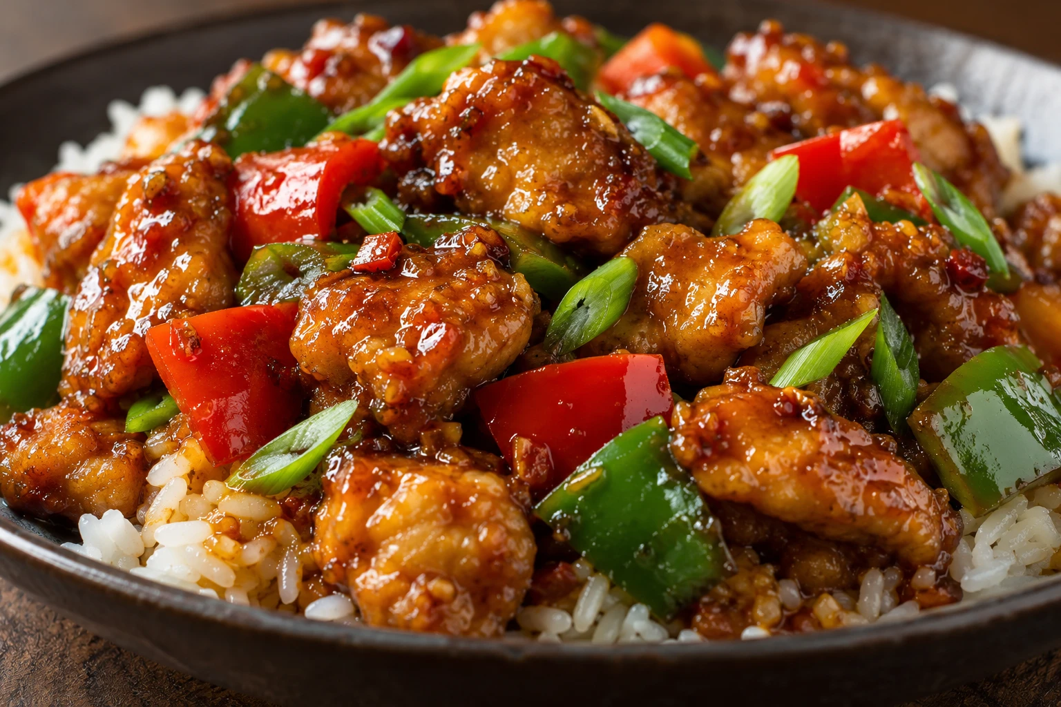 Crisp-edged chicken pieces glisten with ginger sauce beside bright bell pepper squares and scallions.