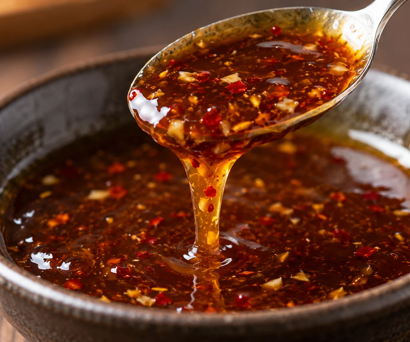 A spoon lifts glossy General Tso sauce in a slow ribbon with fine chile and ginger flecks.
