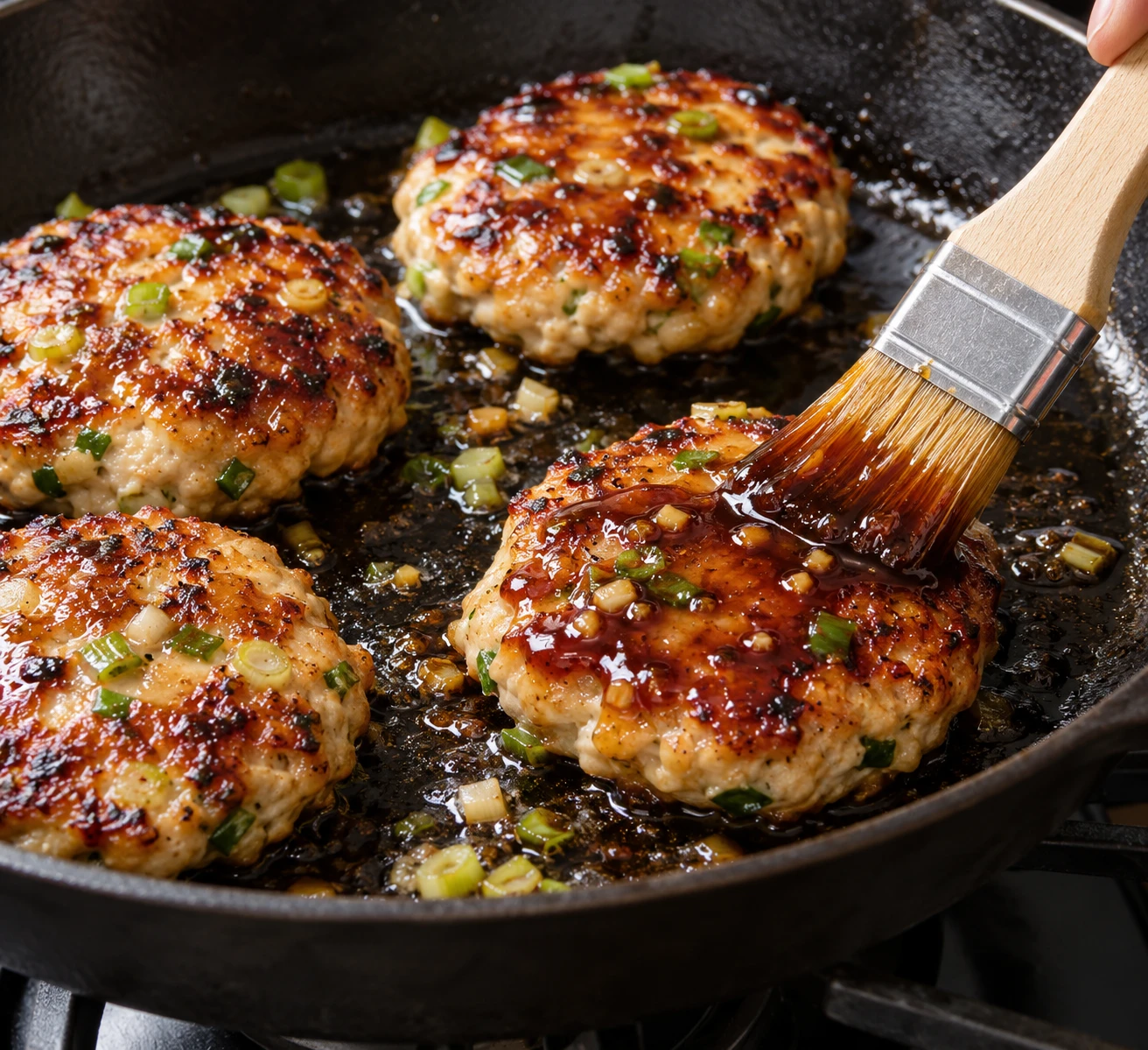 Chicken patties sear in a skillet as one receives a brush of hoisin glaze.