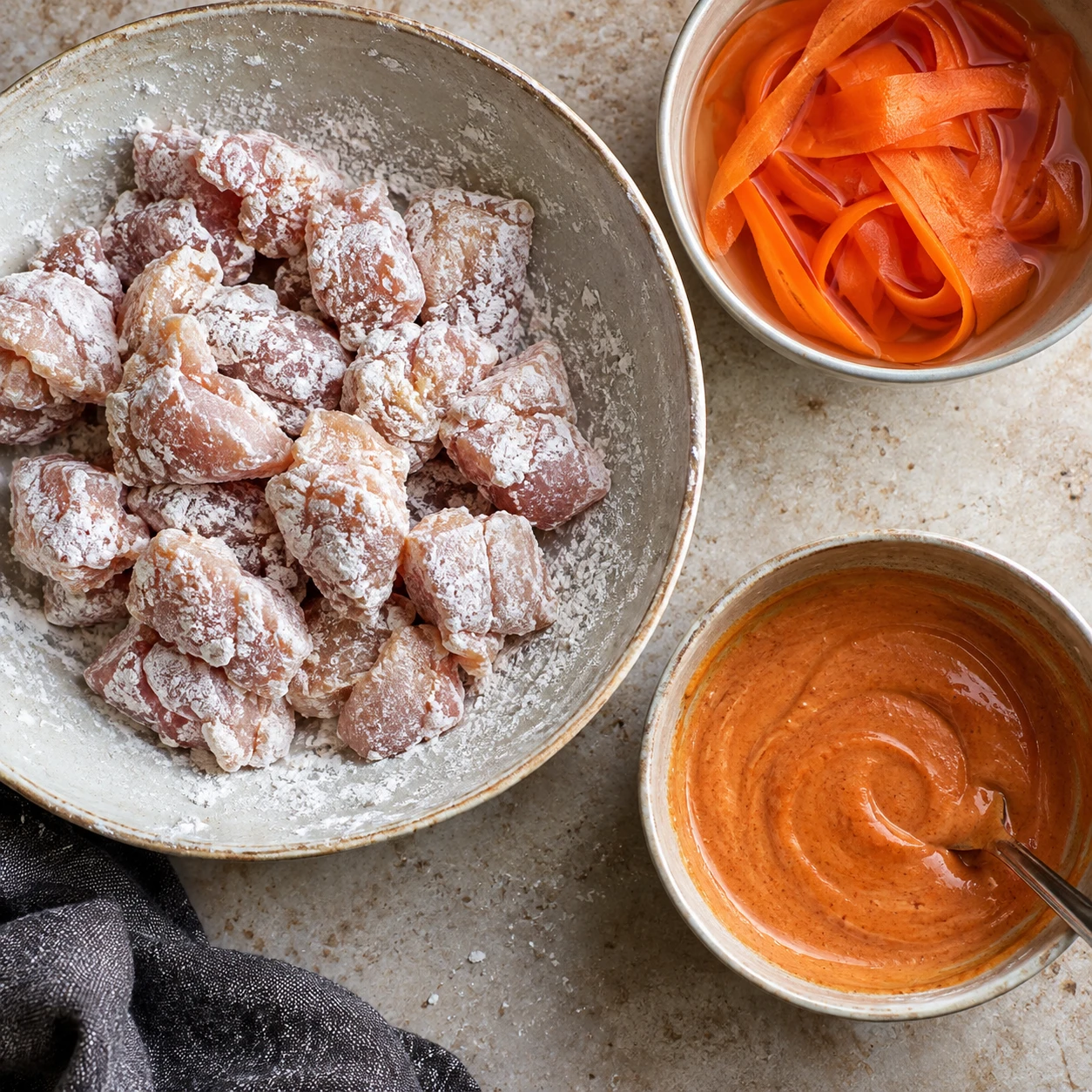 Cornstarch-dusted chicken pieces sit beside vinegar-dressed carrot ribbons and a bowl of gochujang sauce.