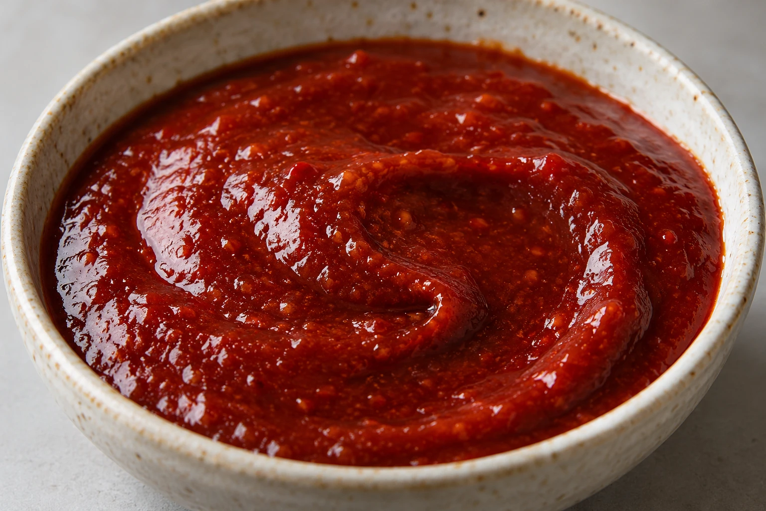 A close view shows the smooth, glossy, thick red texture of gochujang dipping sauce.