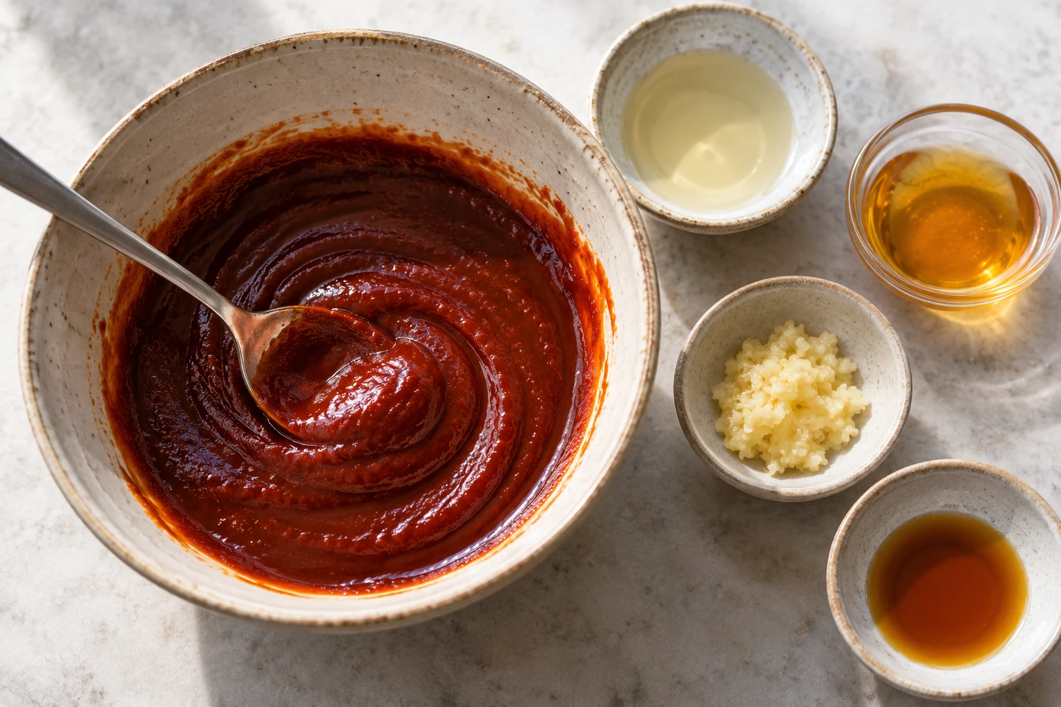 Gochujang and soy sauce are being stirred smooth beside measured vinegar, honey, garlic, and sesame oil.