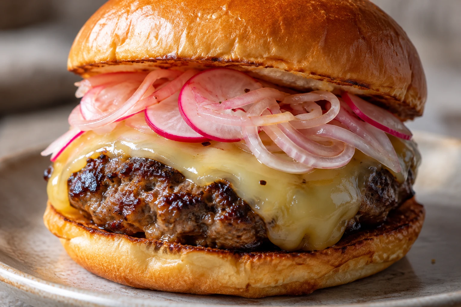 Melted smoked Gouda drapes a browned burger beneath thin pink-white radish and shallot pickles.
