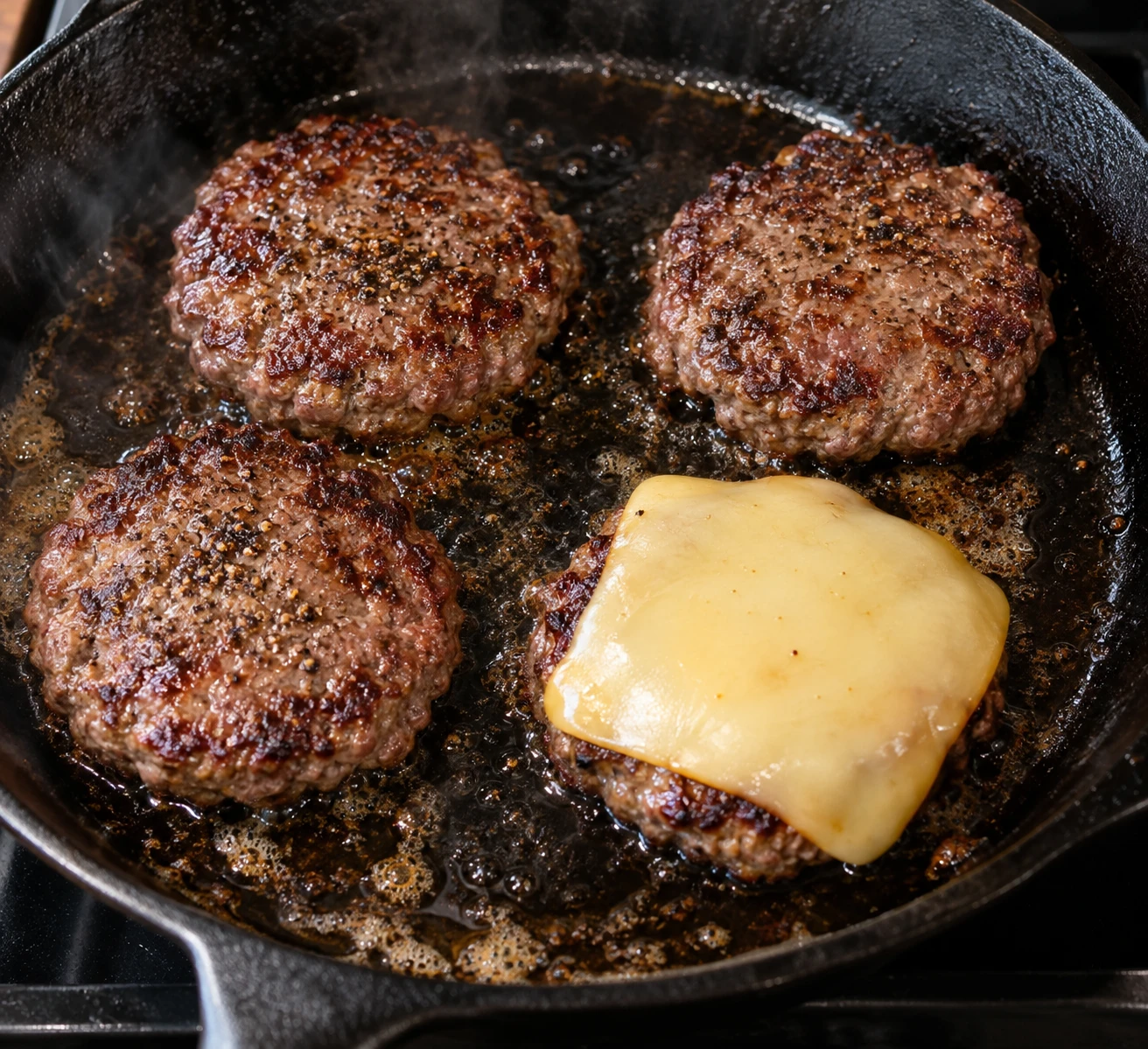 Seasoned beef patties sear in a skillet as smoked Gouda begins to melt over one burger.