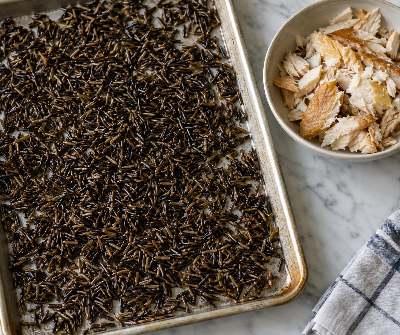 Cooked wild rice cools in a thin layer on a rimmed tray beside large flakes of smoked whitefish.