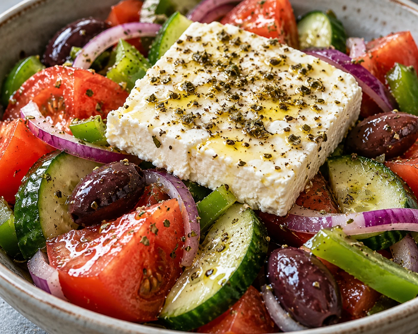 A generous feta block rests over glossy tomato wedges, thick cucumber, green pepper, onion, and Kalamata olives.
