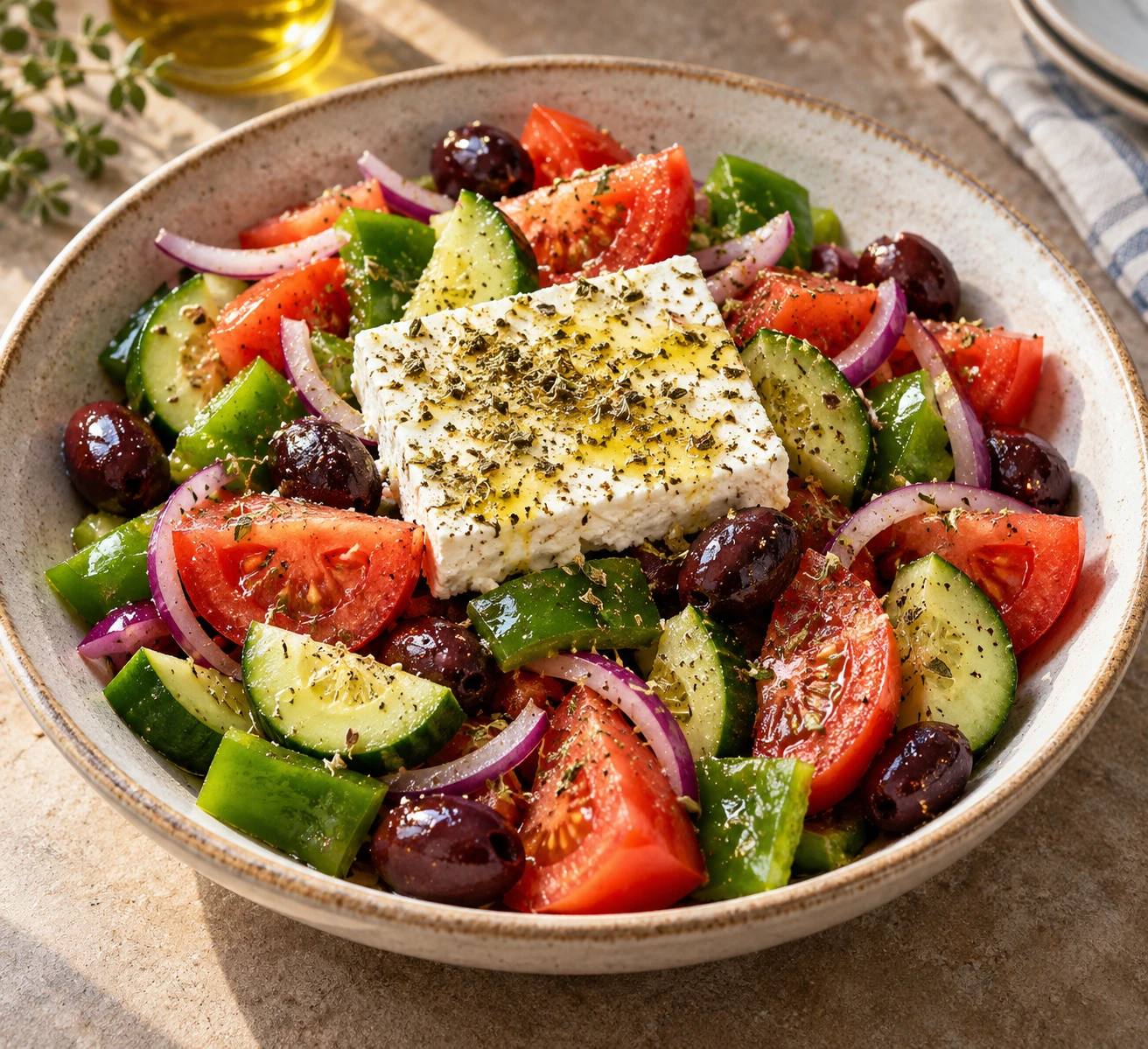 Greek salad of ripe tomato, cucumber, green pepper, red onion, and olives topped with a generous feta block.
