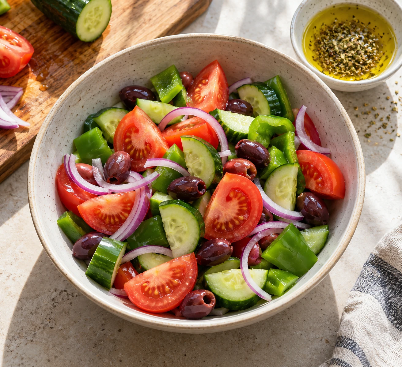 Large-cut tomato, cucumber, and green pepper with red onion and Kalamata olives before dressing.