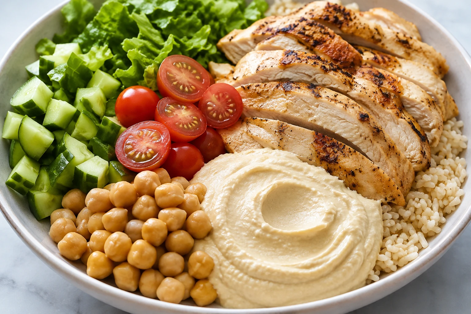 Sliced chicken, hummus, chickpeas, cucumber, tomatoes, greens, and brown rice fill a finished bowl.