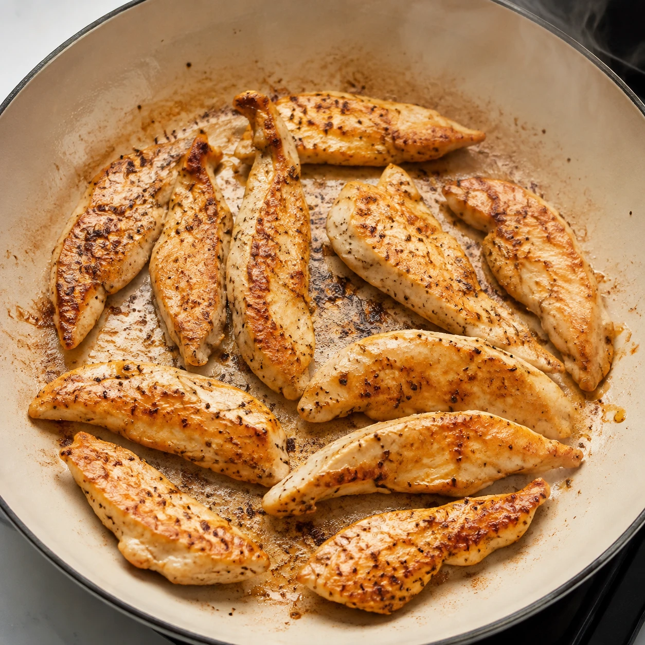 Thin chicken tenders sear in a large skillet with browned edges before slicing.