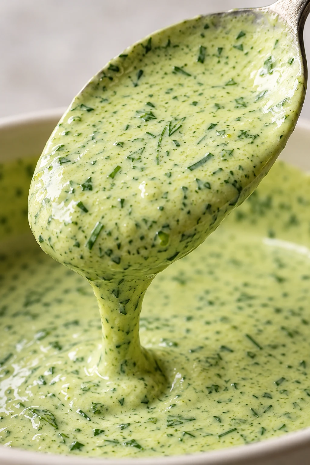 A spoon shows the creamy dressing's slow ribbon and fine fresh herb flecks.