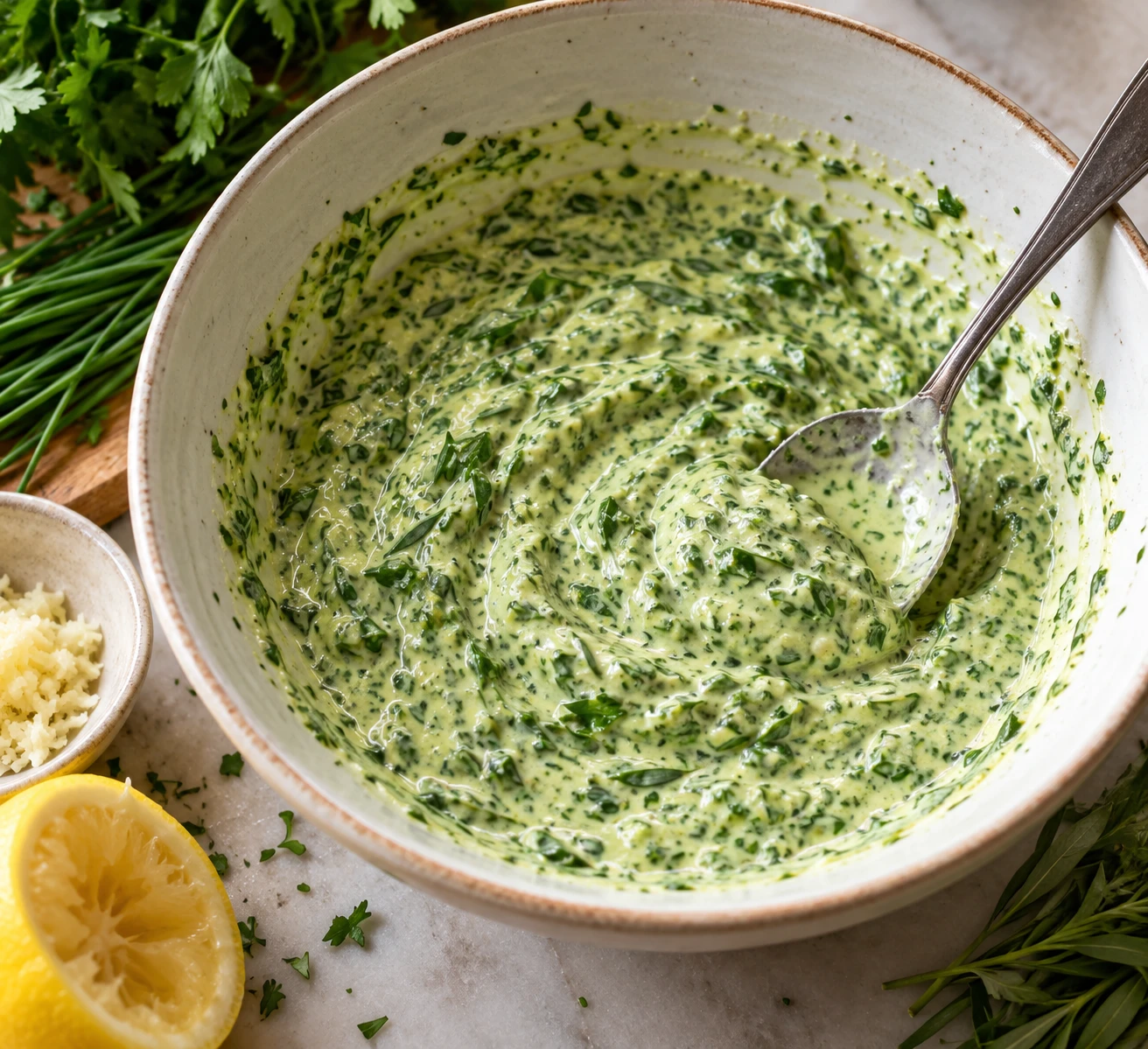 Chopped green herbs, lemon, garlic, and creamy base are stirred together in a bowl.