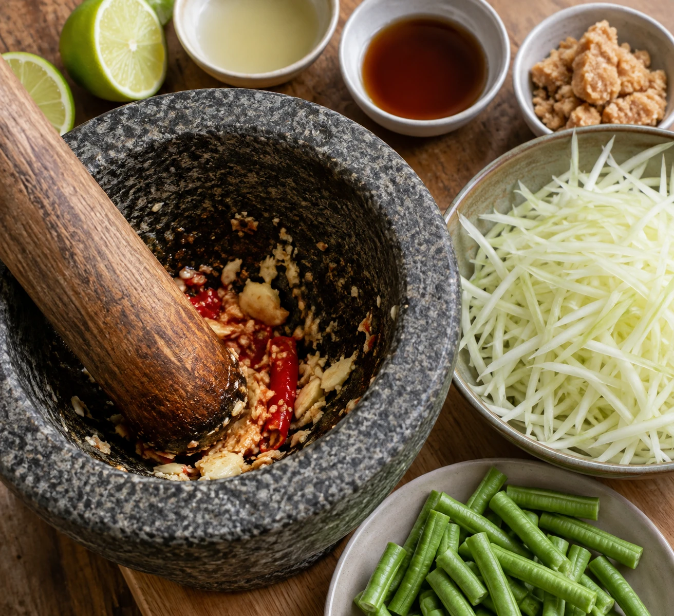 Garlic and Thai chile are pounded in a stone mortar with lime juice and fish sauce for salad dressing.