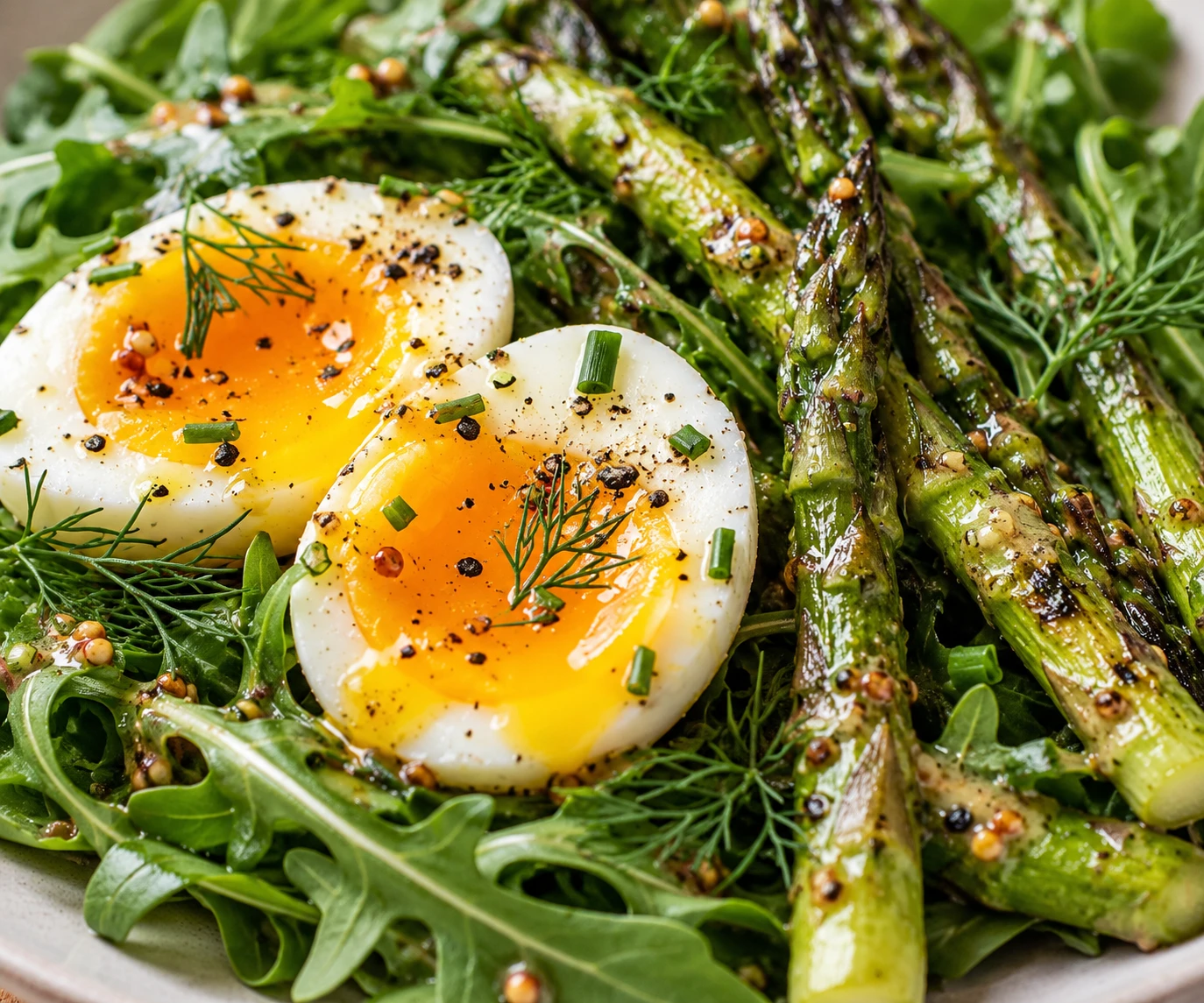 A jammy yolk and charred asparagus spears show the salad's tender and crisp textures.