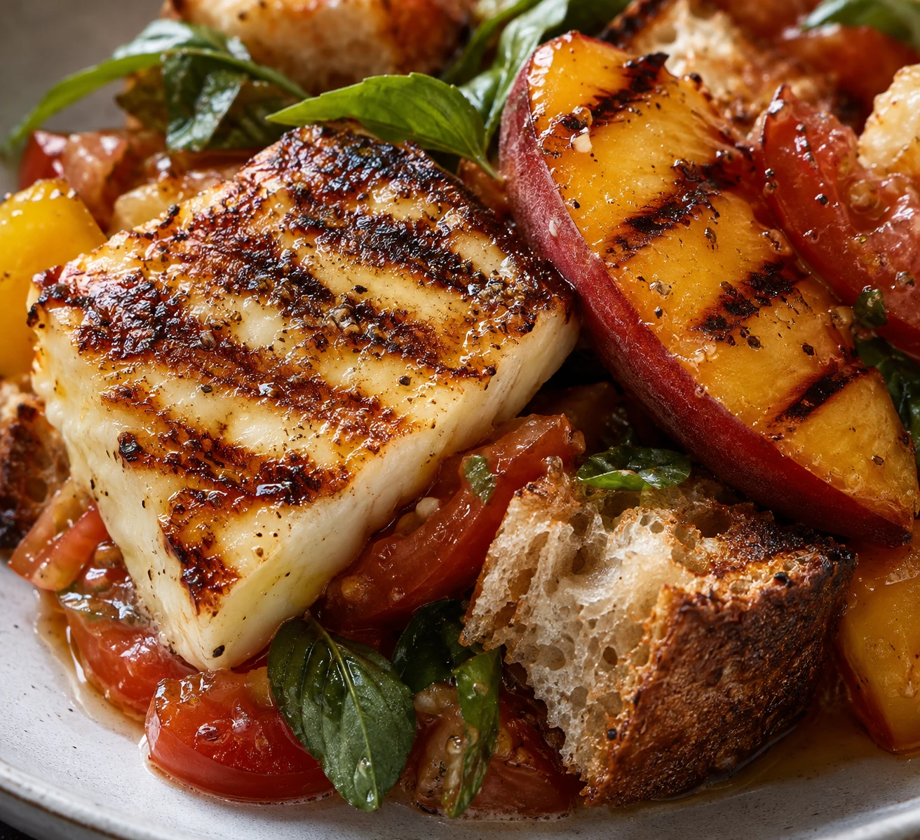 A browned halloumi crust and firm marked peach sit over tomato-coated sourdough.