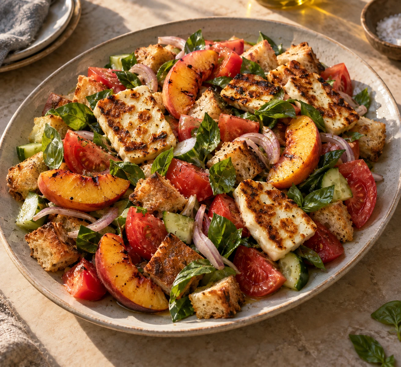 Grilled Halloumi and Peach Panzanella