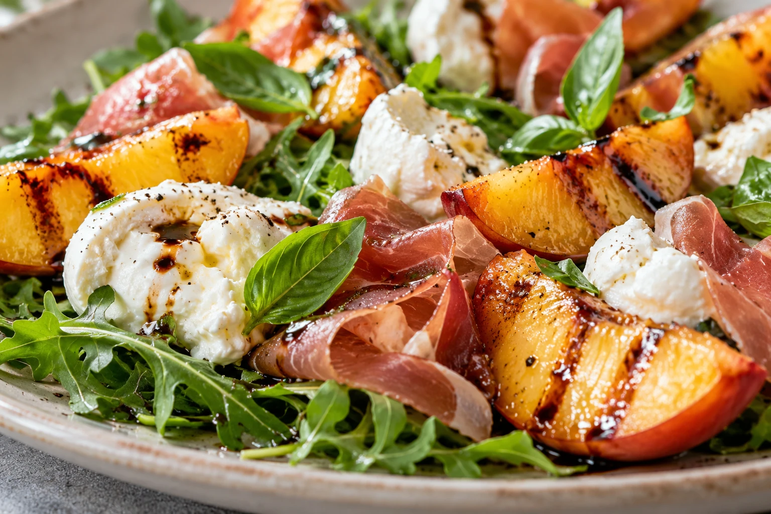 A close view shows marked nectarines, creamy burrata, basil, and prosciutto over arugula.