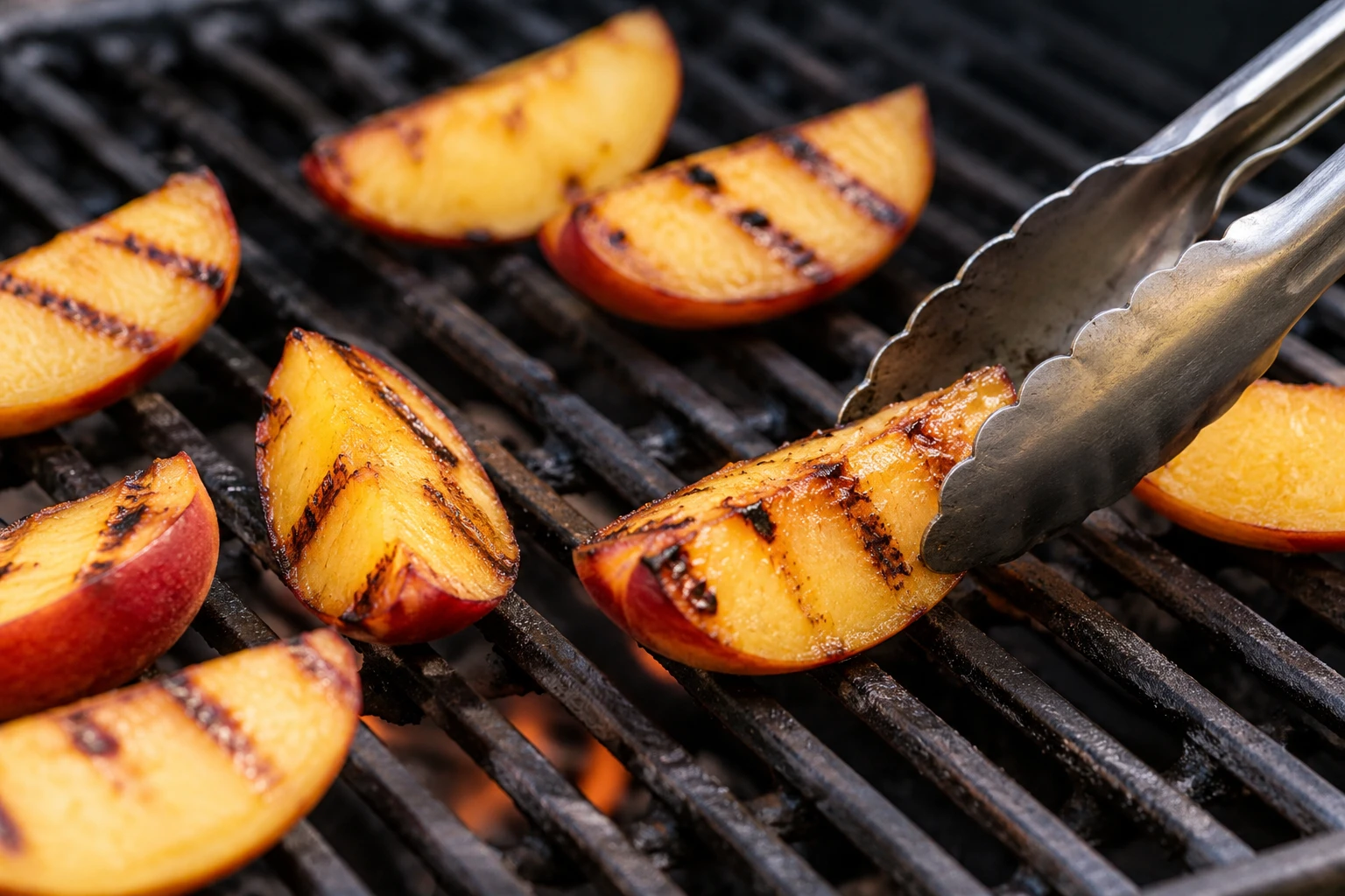 Firm nectarine wedges with clear grill marks remain intact on the hot grate.