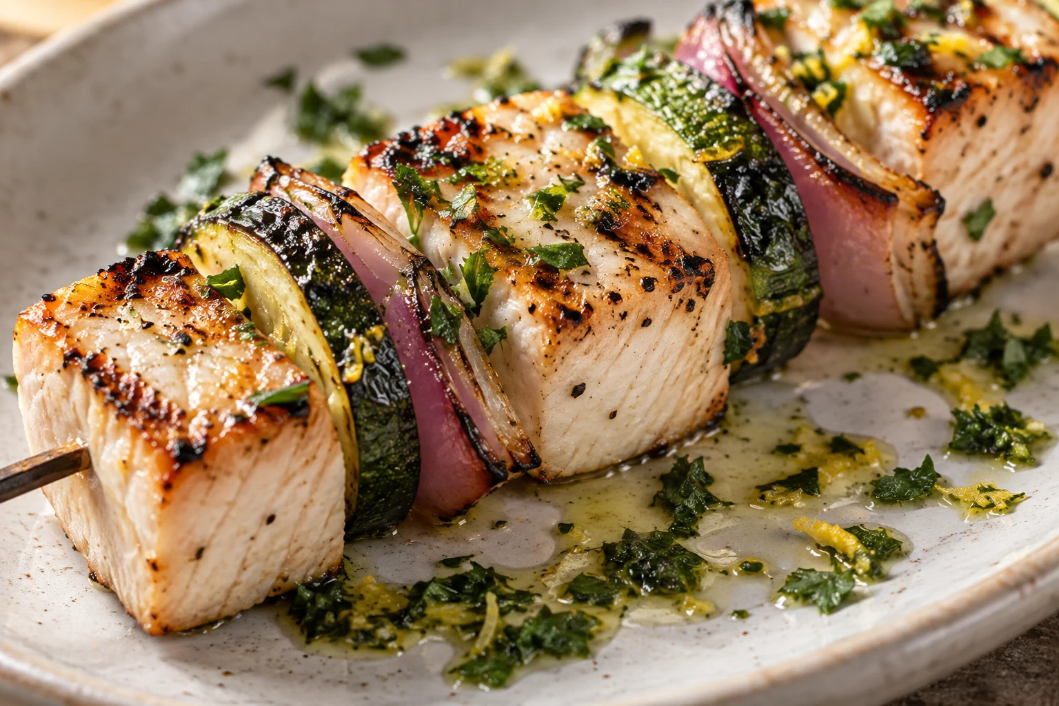 Moist grilled swordfish with charred zucchini and red onion under parsley-lemon dressing.