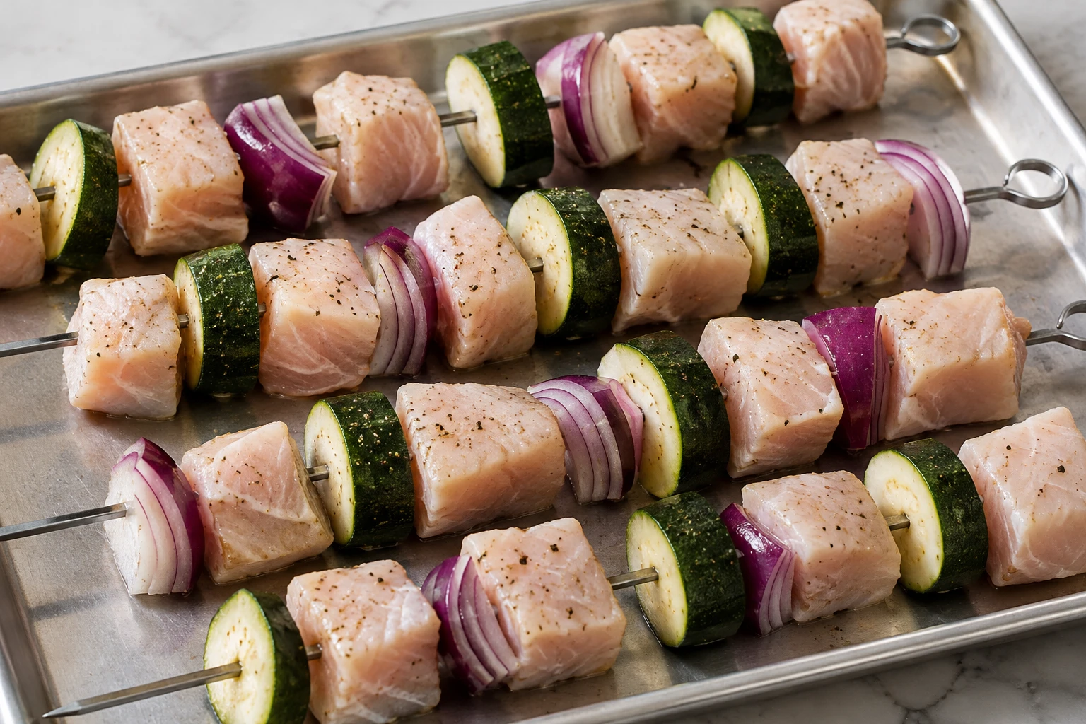 Swordfish cubes, zucchini, and red onion are threaded loosely on skewers before grilling.