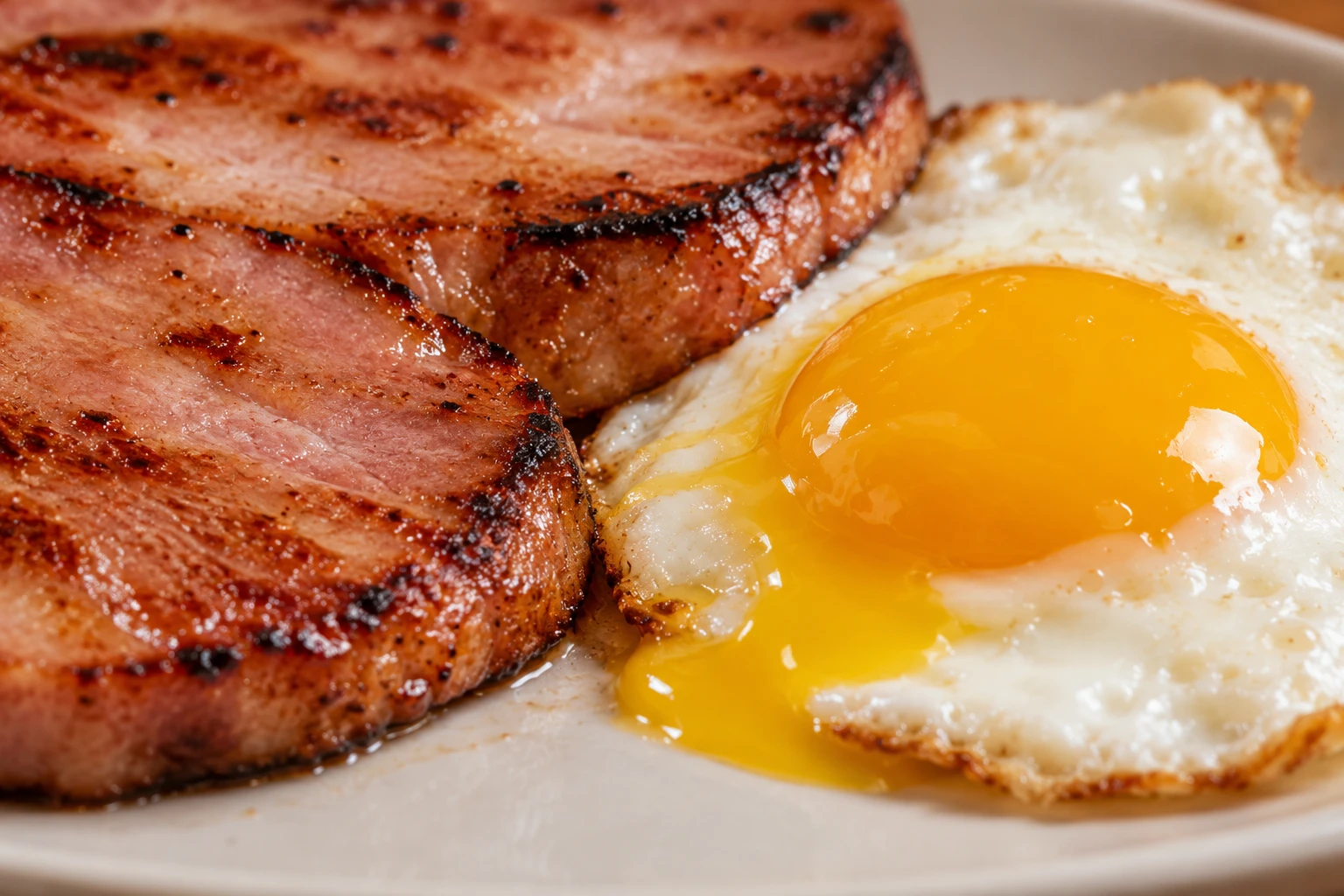 A runny yolk gleams beside the browned edge and moist center of a ham steak.