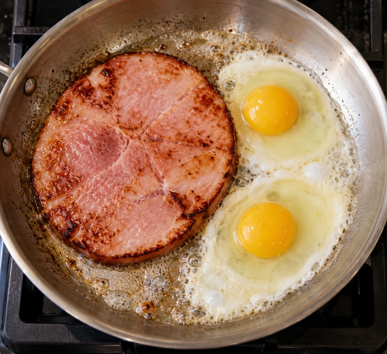 A ham steak browns in butter while two eggs begin cooking in the same skillet.