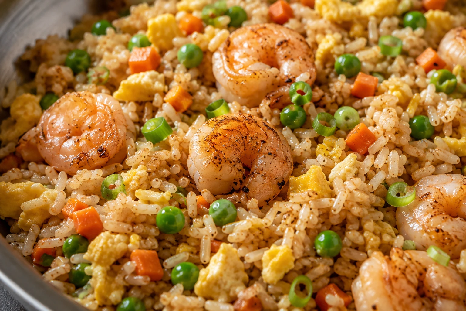 Browned shrimp, egg curds, peas, carrots, scallions, and separate toasted brown-rice grains in fried rice.