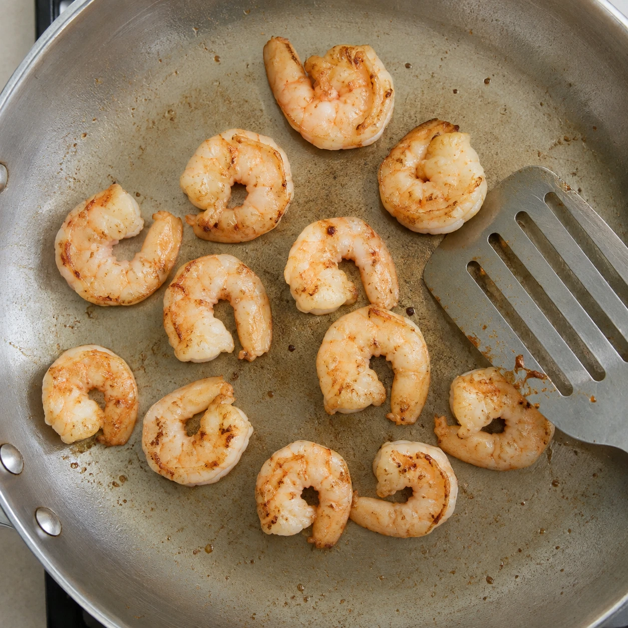 Peeled shrimp brown in a spacious hot skillet with browned spots and no liquid pooling.