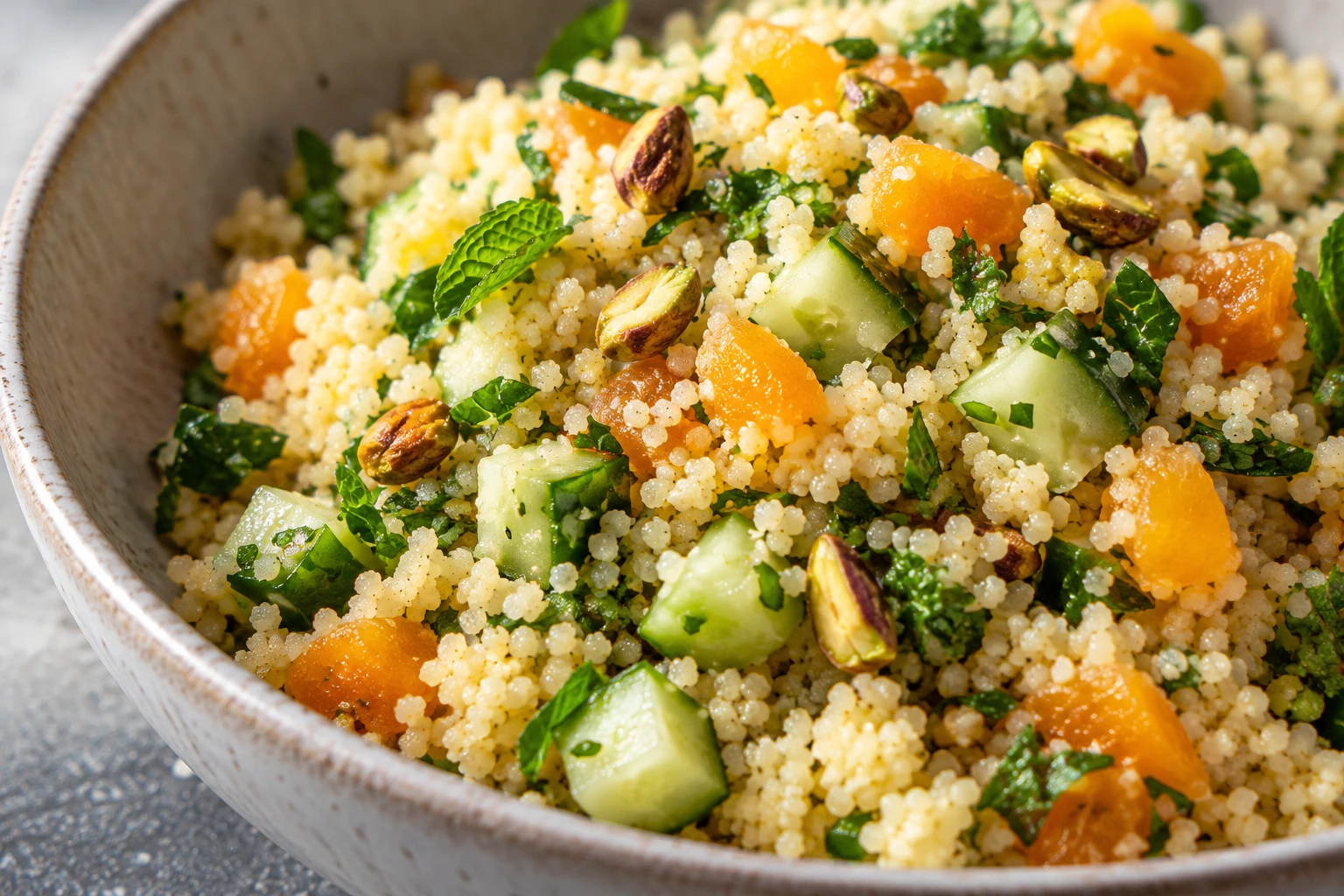 Separate couscous grains surround crisp cucumber, apricot, fresh herbs, and toasted pistachios.