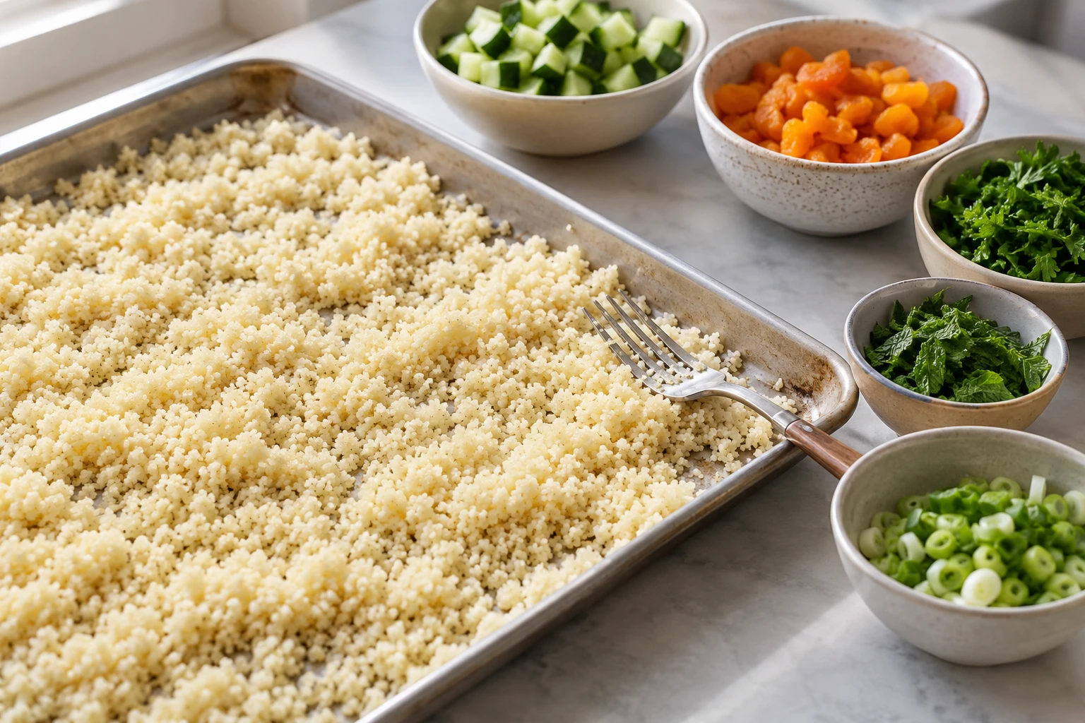 Fluffed couscous cools on a tray beside bowls of chopped cucumber, apricots, scallions, parsley, and mint.