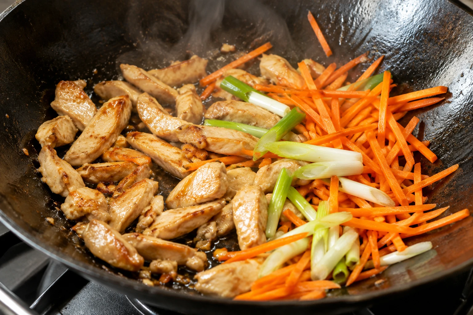 Chicken strips sear in a wok before carrots and scallions are tossed into the stir-fry.