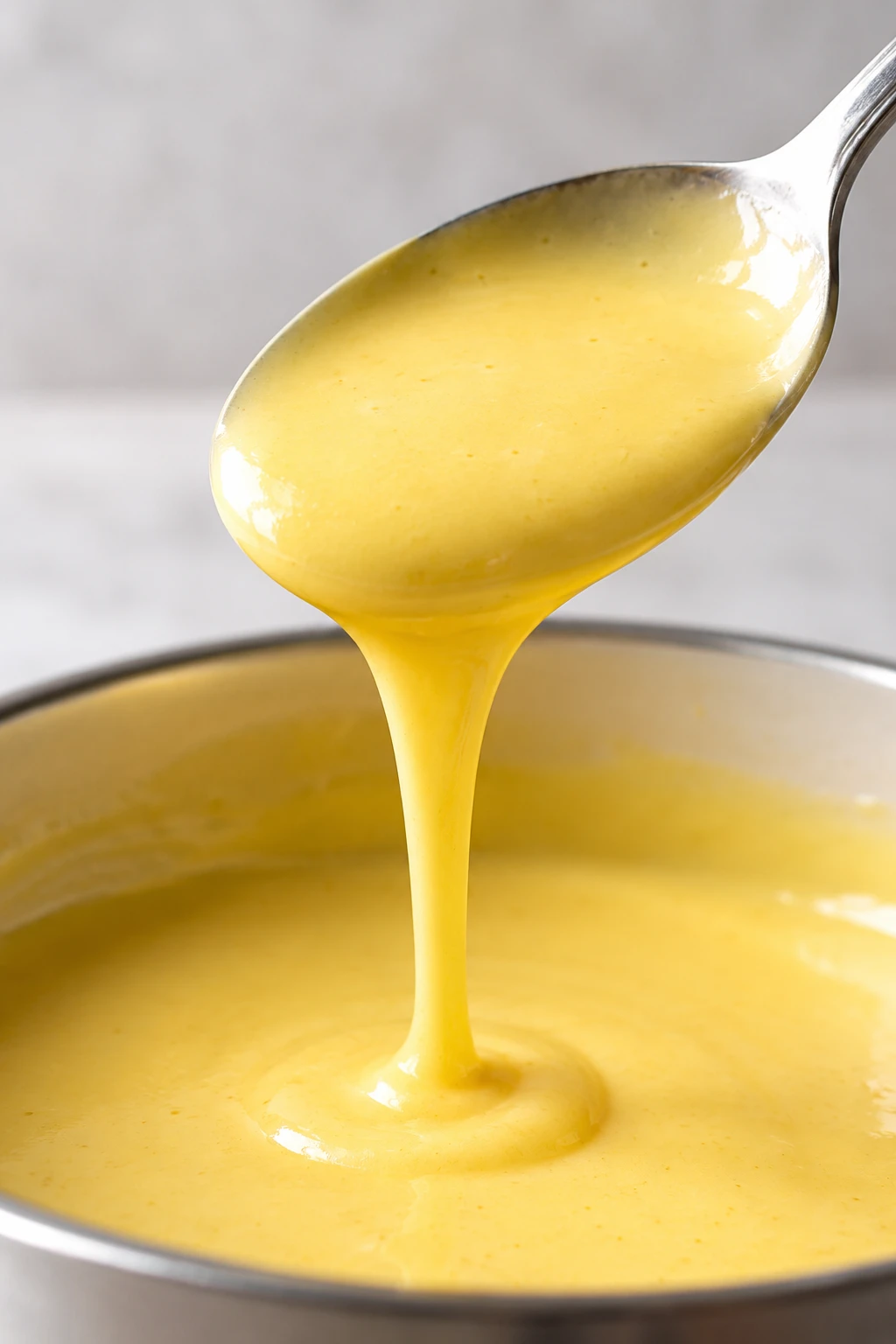 A continuous pale-gold ribbon of hollandaise shows its smooth, stable emulsion.