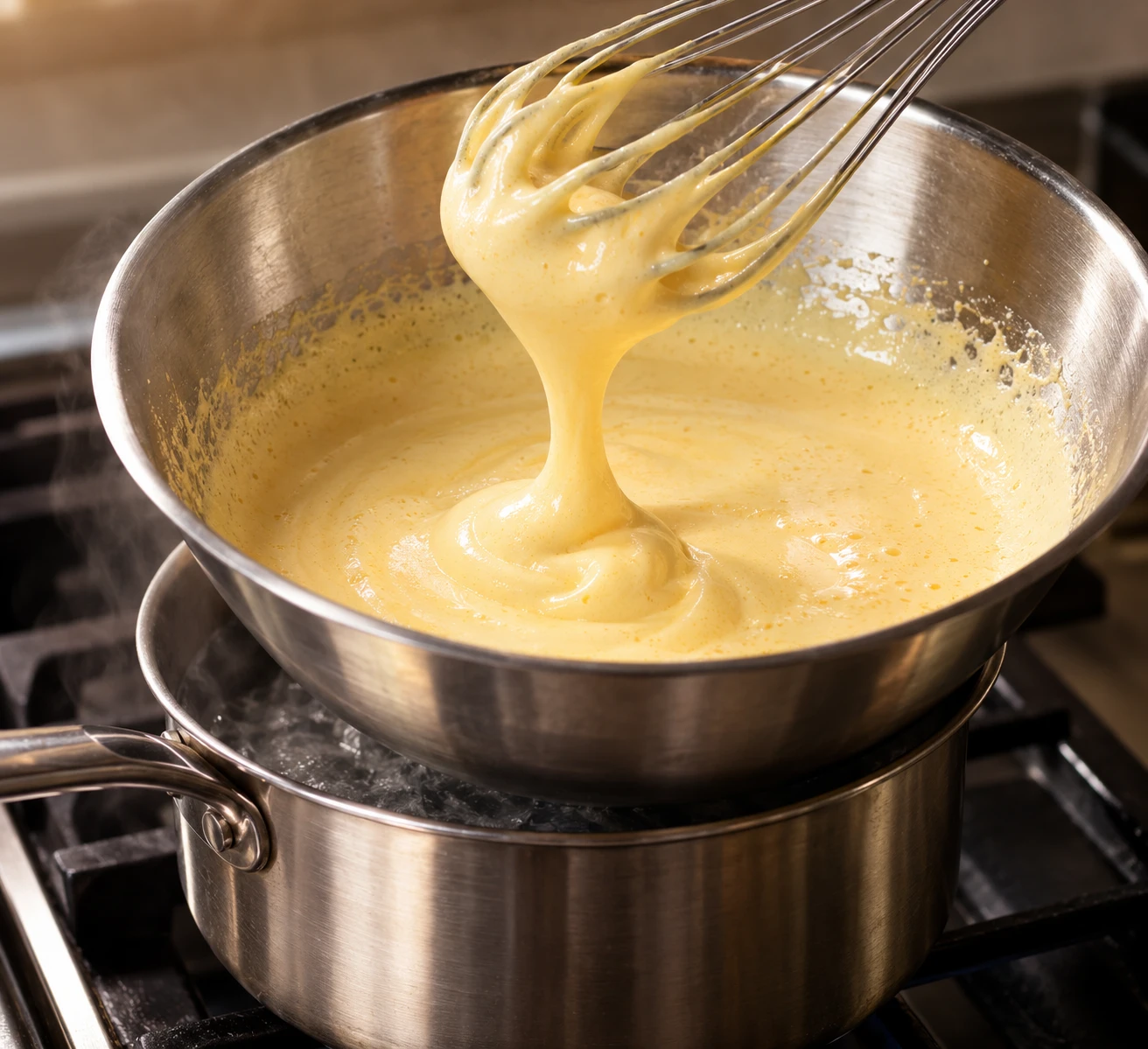 A pale egg-yolk sabayon thickens in a metal bowl over gently simmering water.