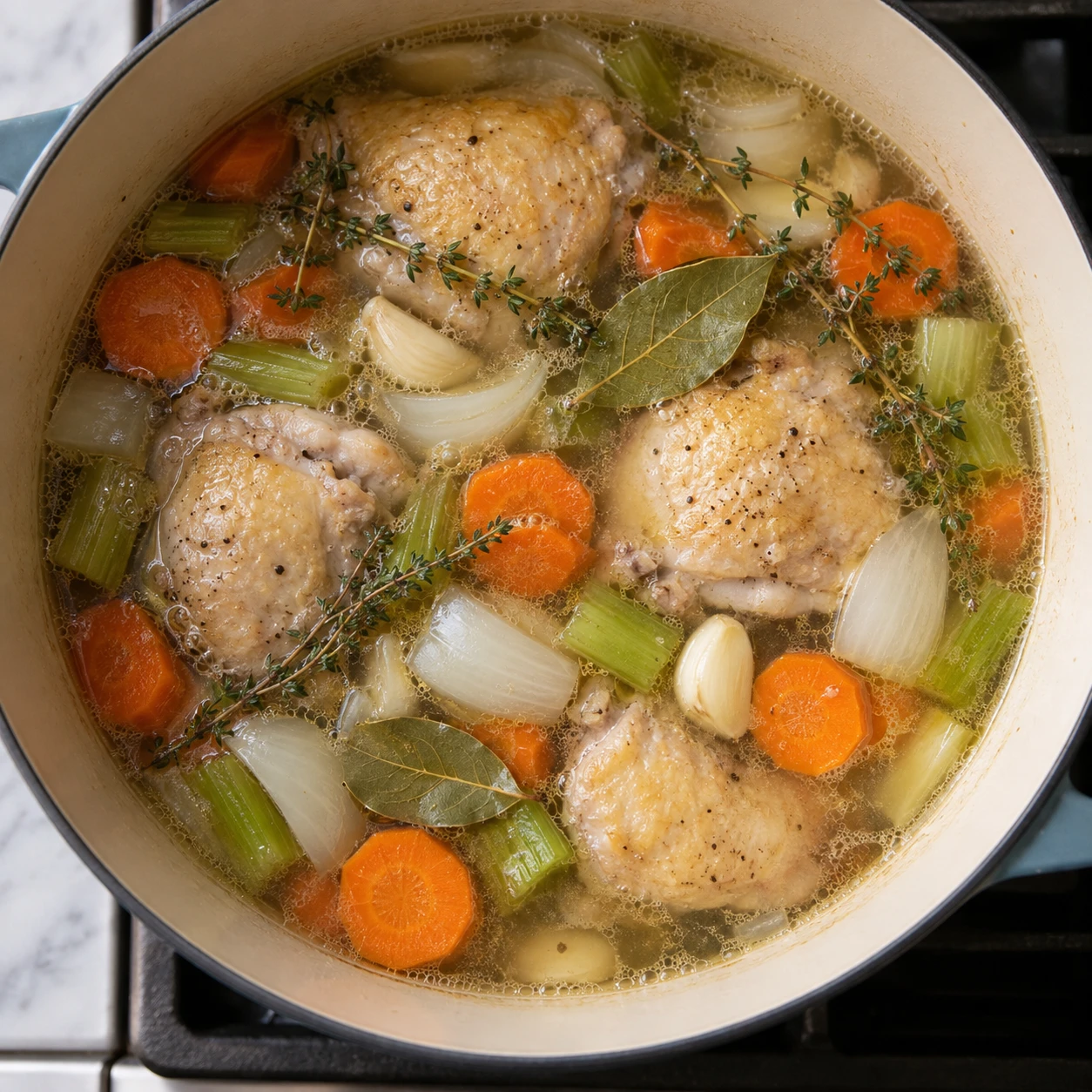 Chicken thighs and aromatic vegetables gently simmer in clear stock in a large soup pot.