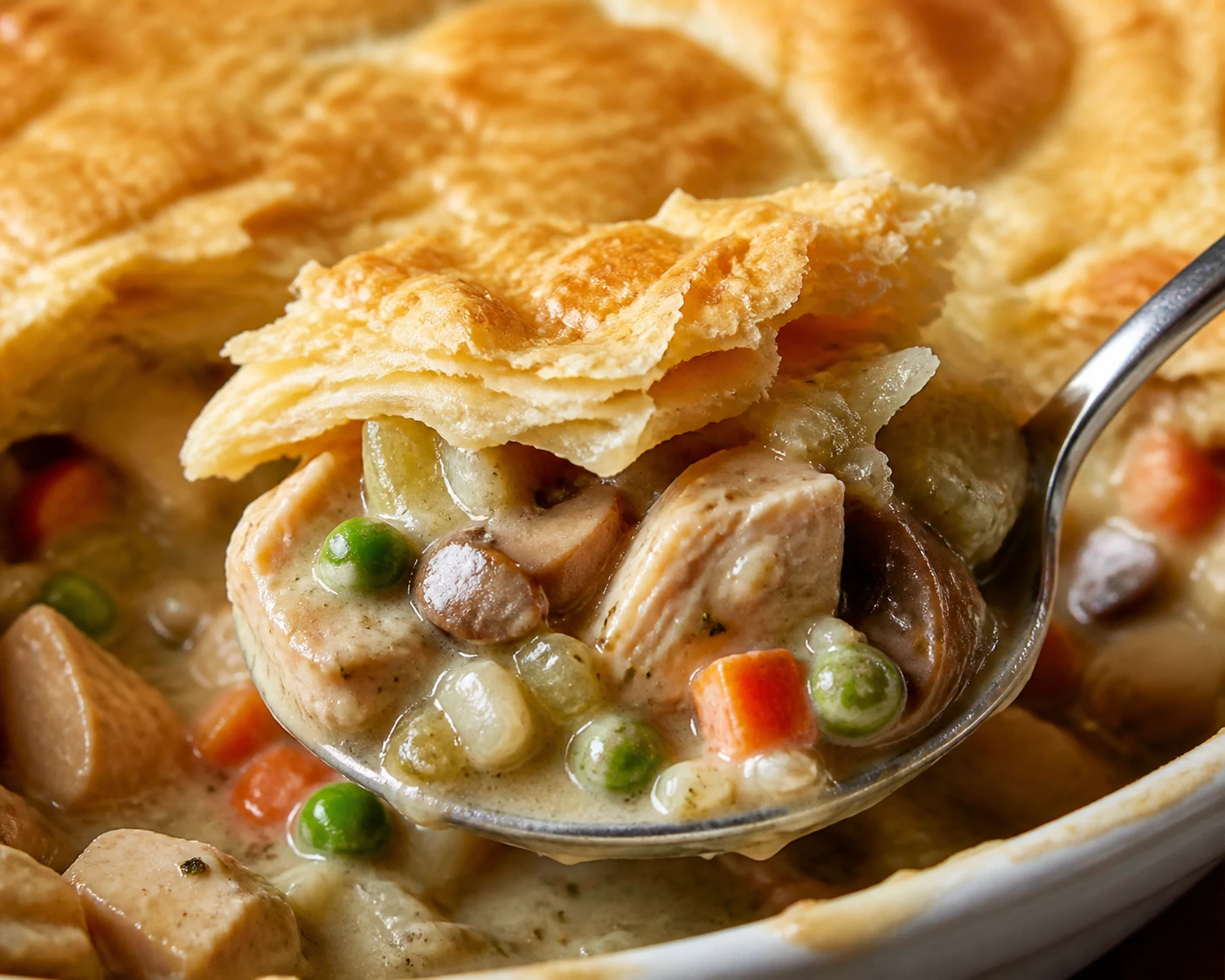 Flaky pastry tops thick herb gravy with chicken, peas, mushrooms, carrots, celery, and onions.