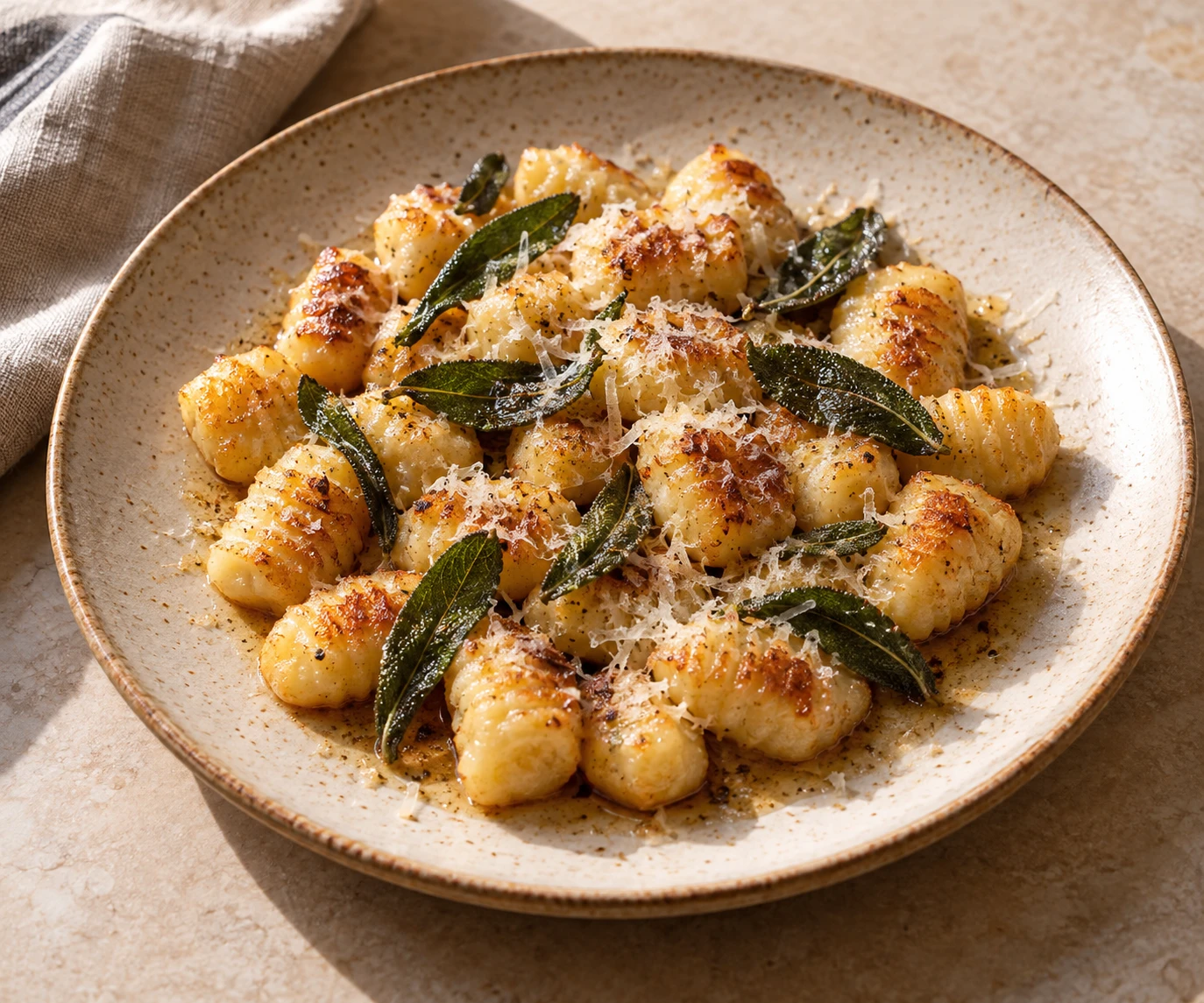 Handmade potato gnocchi glisten with brown butter, crisp sage, and grated Parmesan.