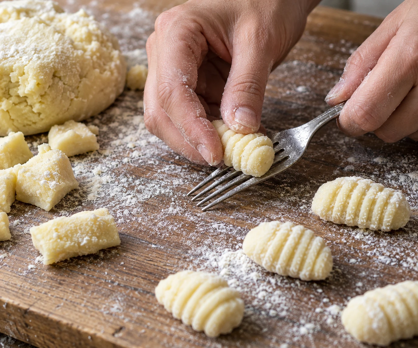 A fork presses ridges into a soft potato gnocchi piece on a lightly floured board.