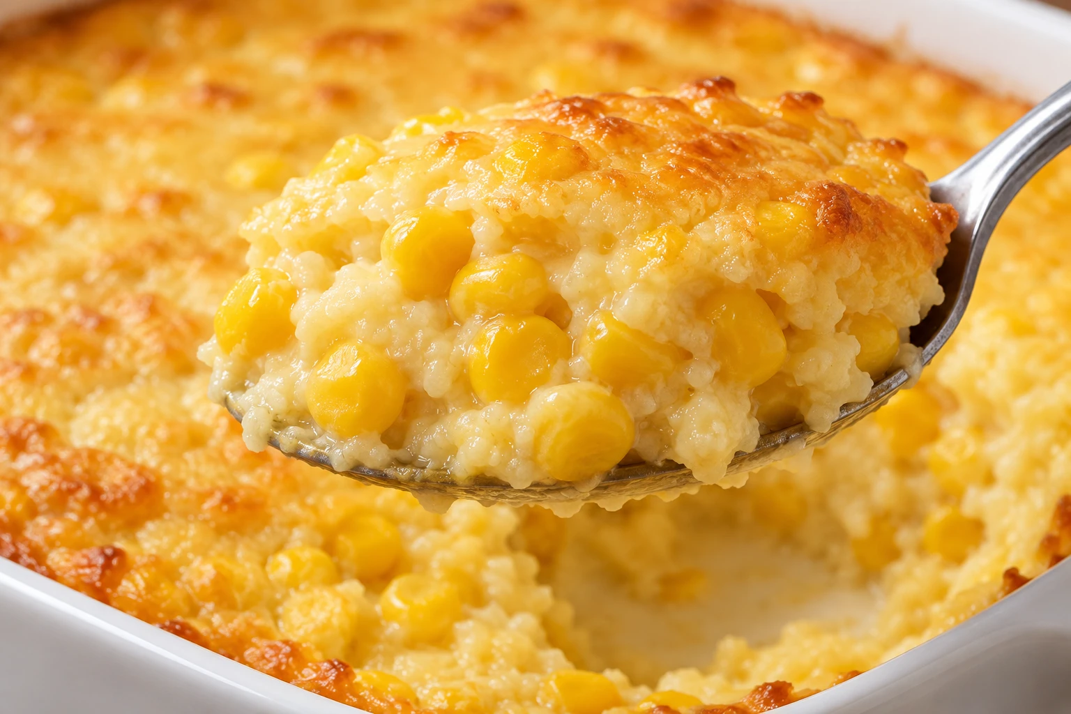 Whole golden corn kernels sit in tender custard beneath a delicately browned surface.