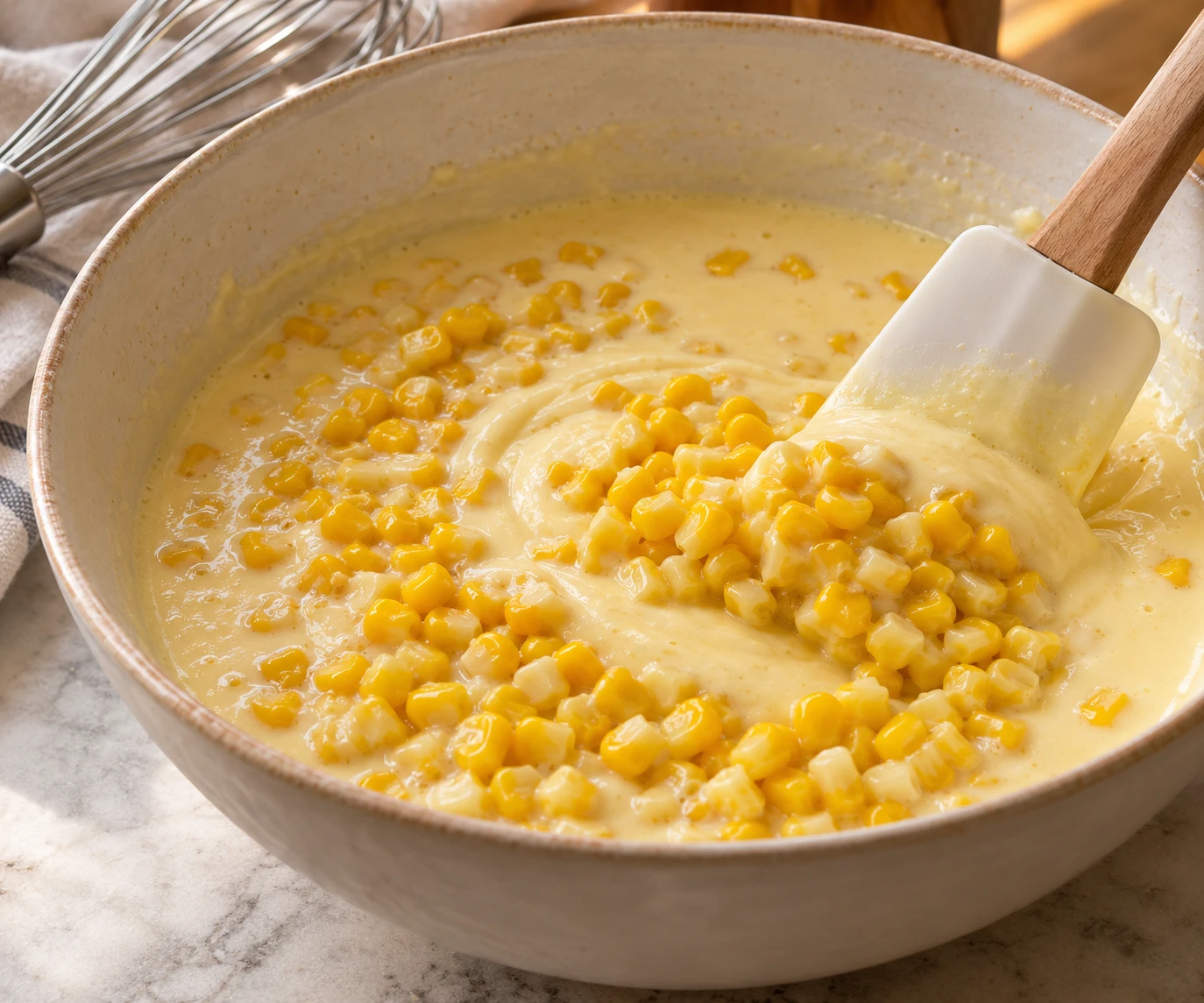 Whole corn kernels are folded through a smooth egg and cream custard in a mixing bowl.