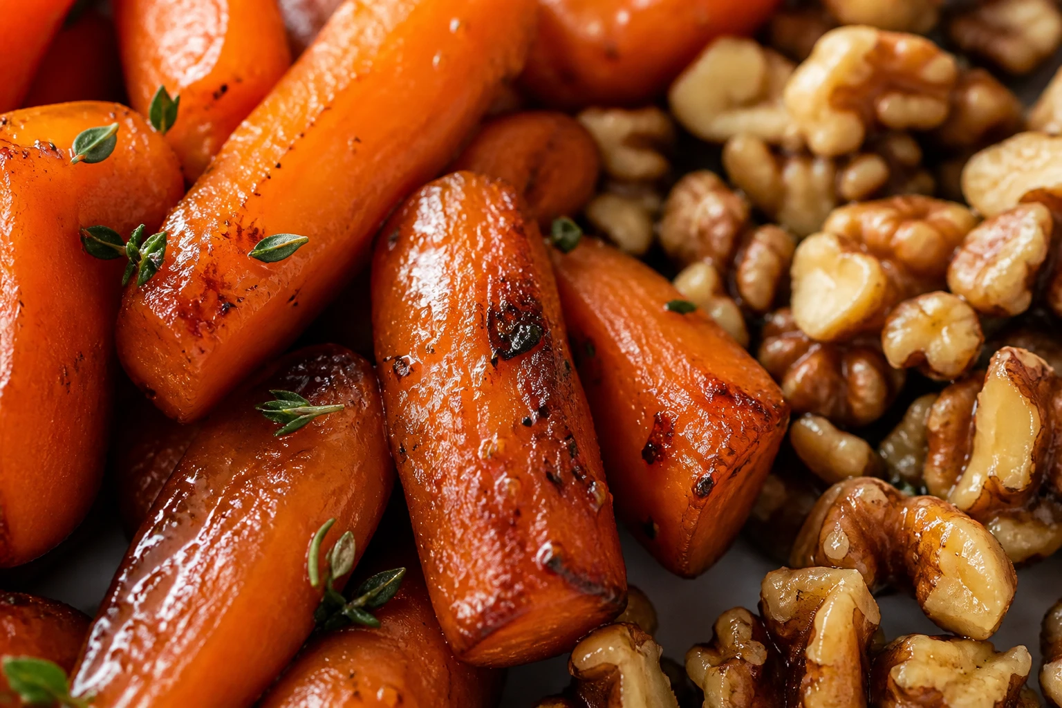 A glossy carrot with a caramelized edge sits beside crisp chopped toasted walnuts and thyme leaves.