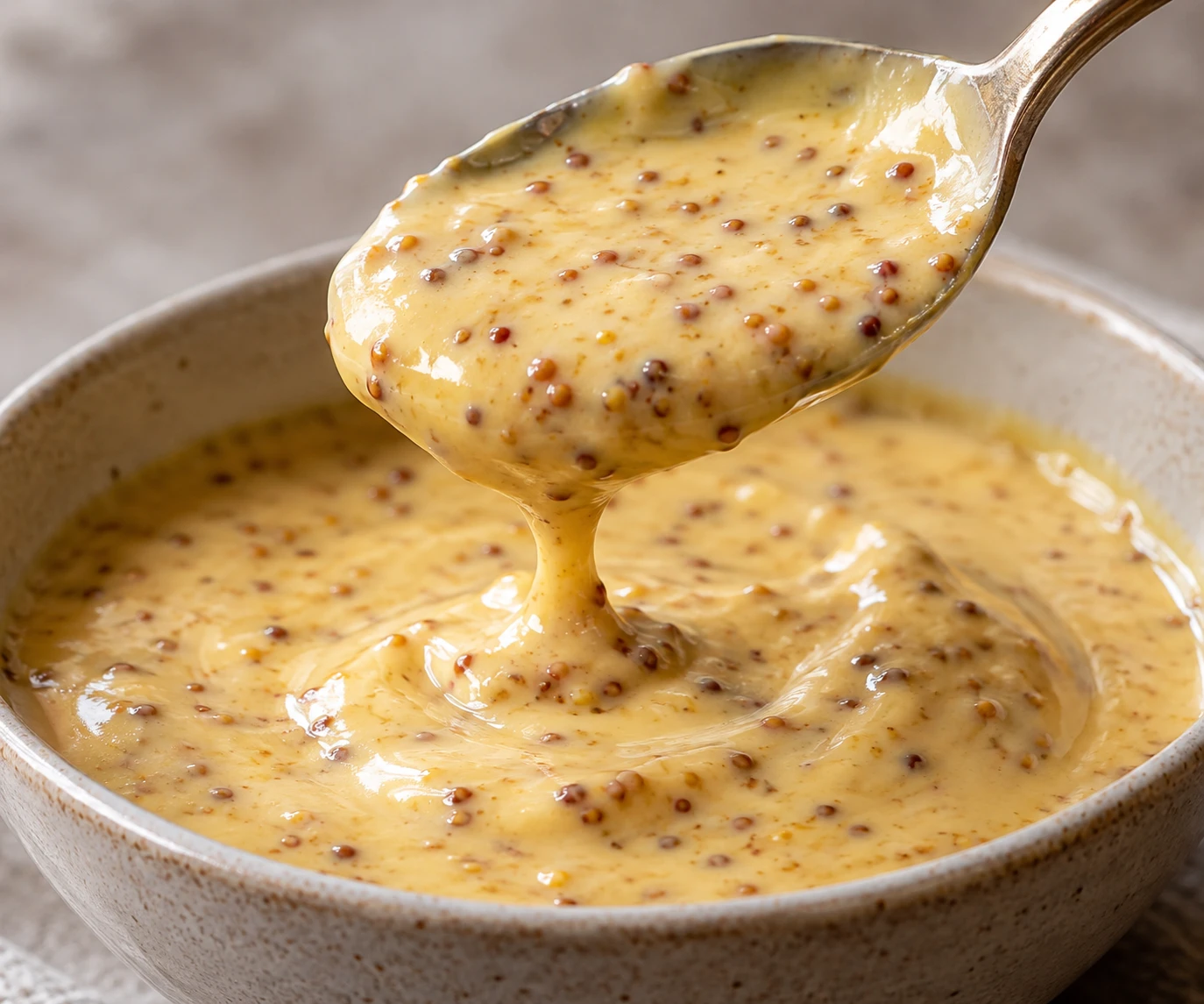 A spoonful of honey mustard sauce shows a silky body and distinct mustard seeds.