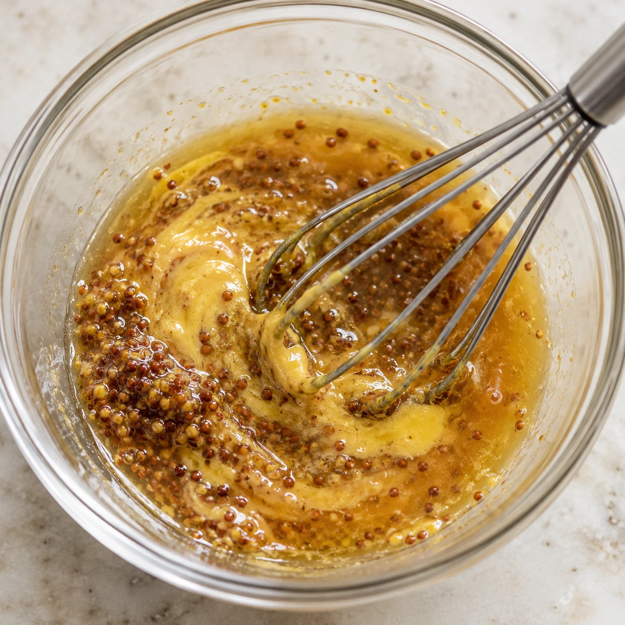Dijon, whole-grain mustard, honey, and vinegar form a glossy sauce base in a glass bowl.