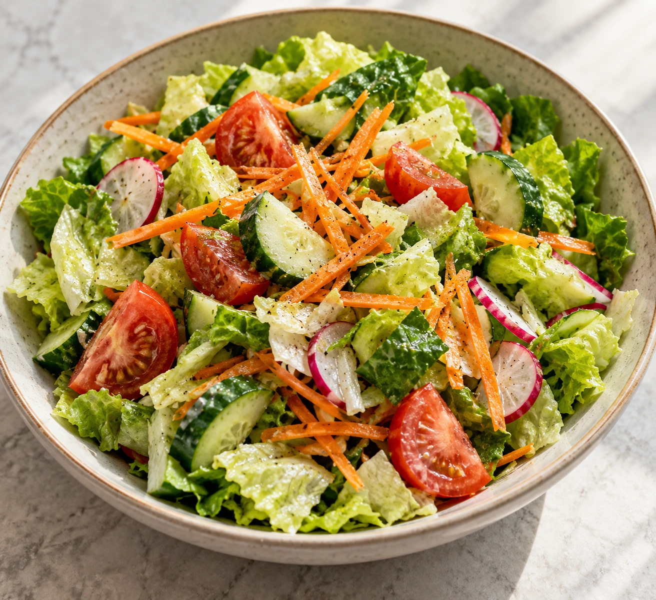 A crisp house salad of romaine, iceberg, cucumber, tomato, carrot, and radish is lightly dressed.