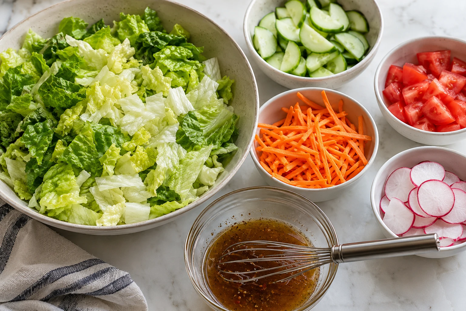 Dry lettuce and separately cut cucumber, tomato, carrot, and radish are ready for salad assembly.