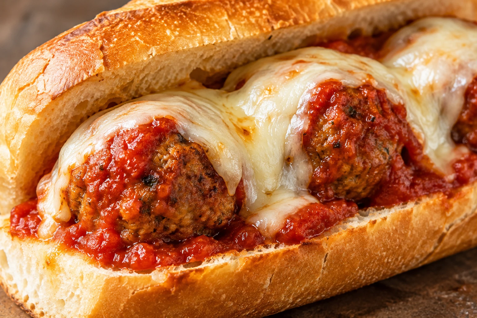 Melted provolone covers sauced meatballs in a golden roll with a crisp edge.